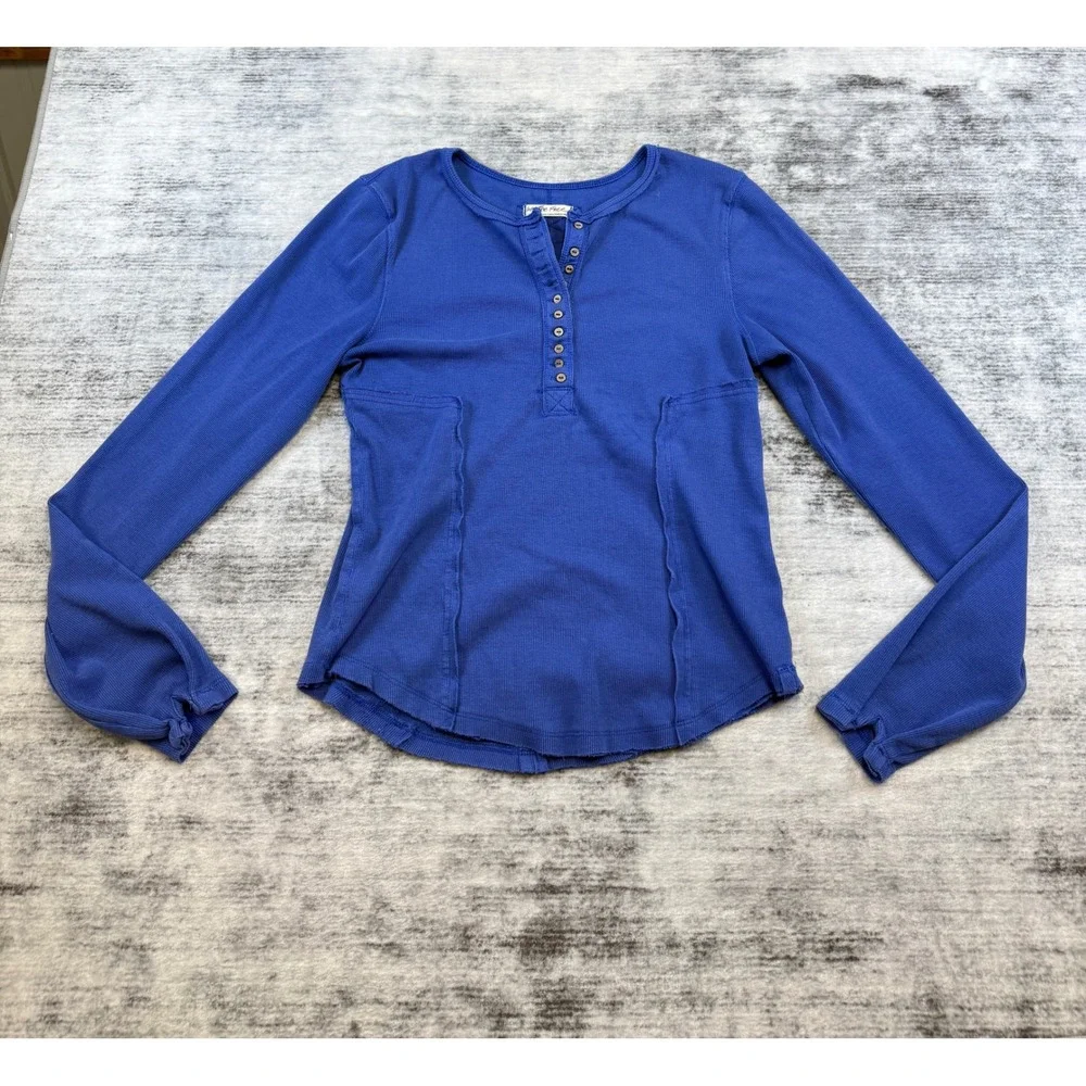 DIY We The Free Free People Blue Henley Thermal Waffle Knit Long Sleeve Top L - Picture 1 of 9